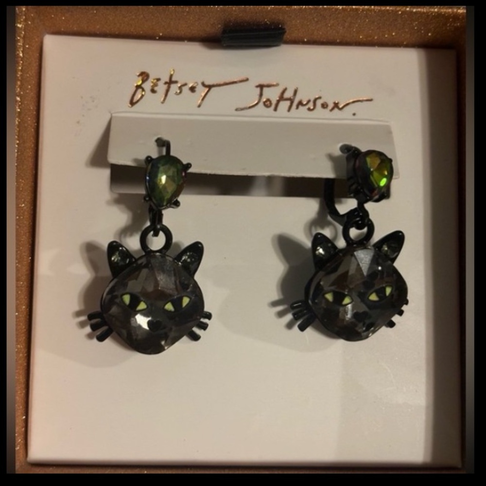 BETSEY JOHNSON Halloween Angular Cut Sparkling Black Cat Drop Earrings NEW NWT